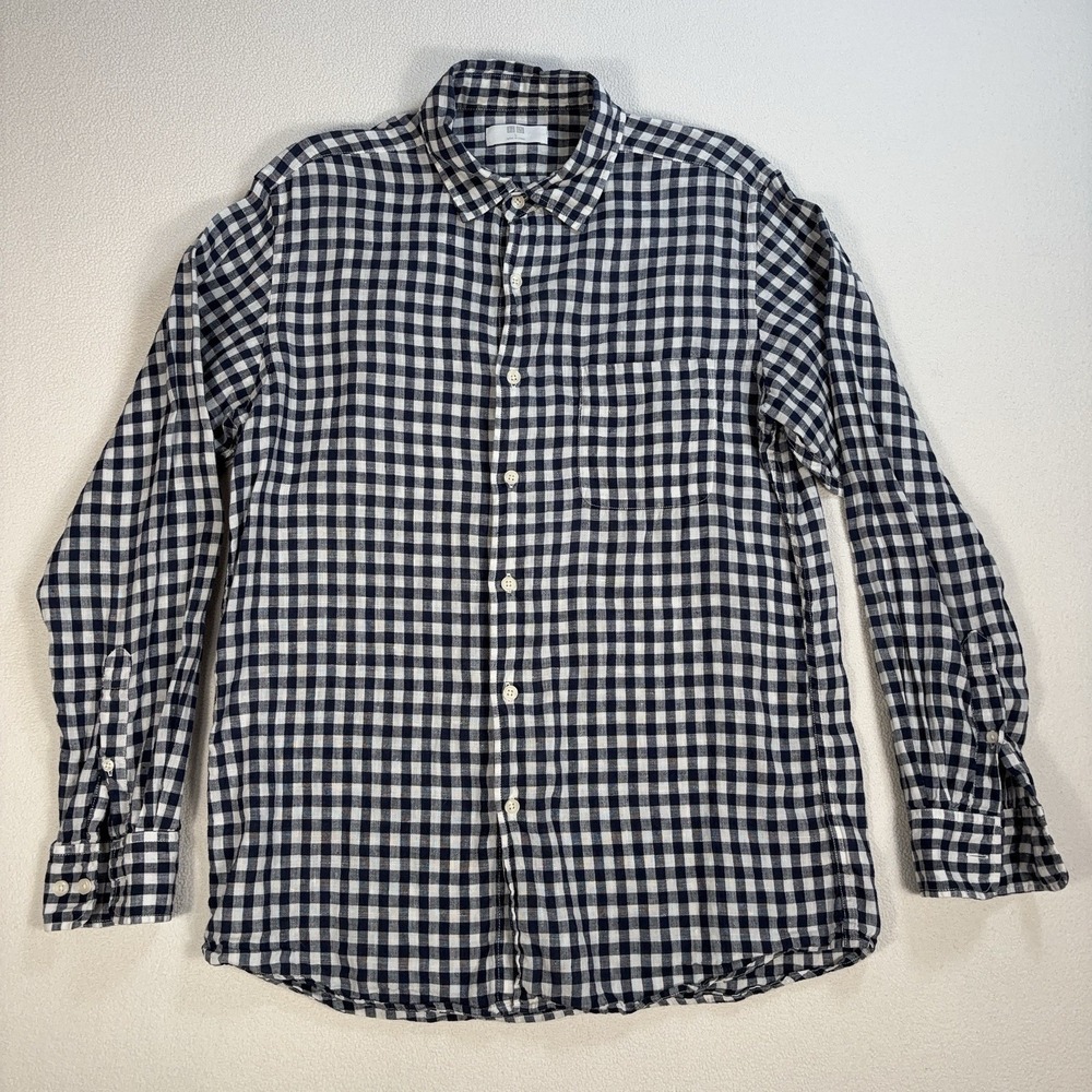 Uniqlo 100% Linen Shirt Men's L Navy Gingham Check Plaid Pocket Button Up 152363